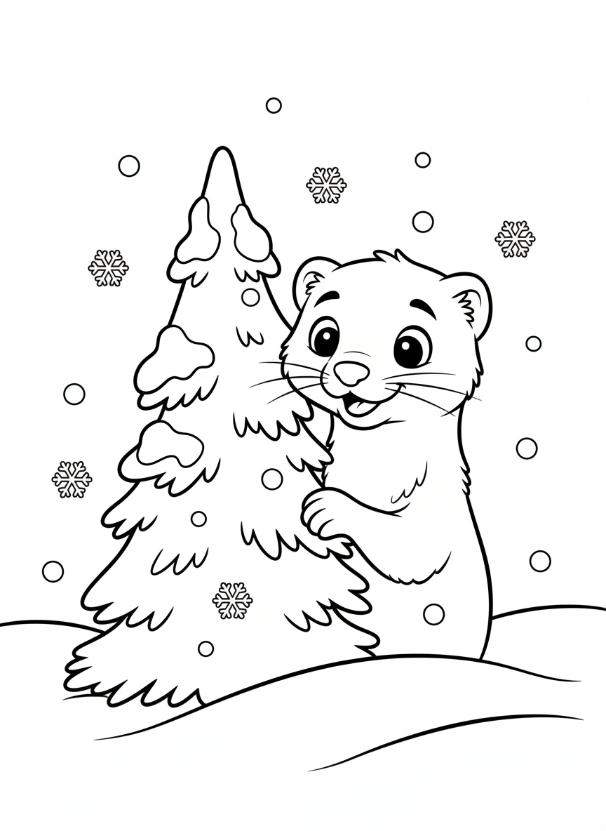 Playful Ermine in Winter Wonderland Coloring Page