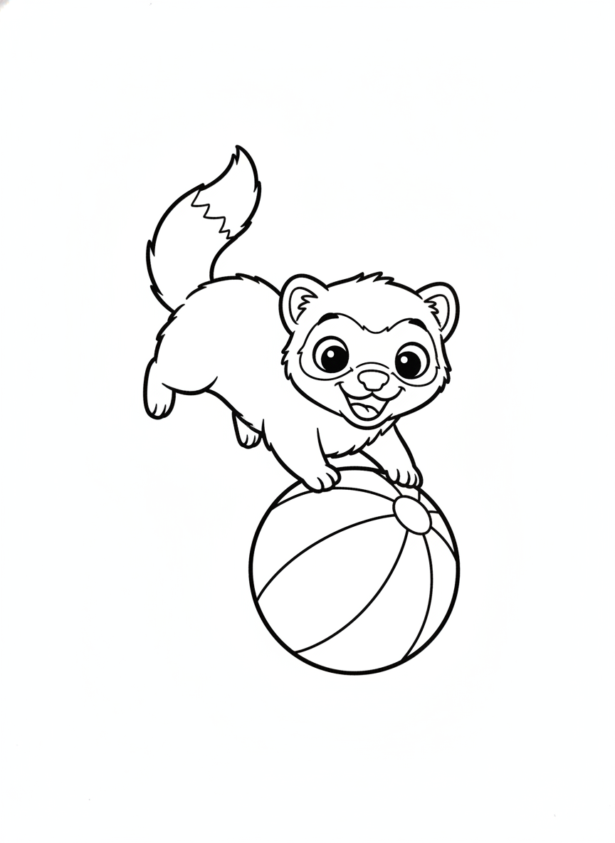 Playful Ferret Pouncing on a Ball Coloring Page for Kids