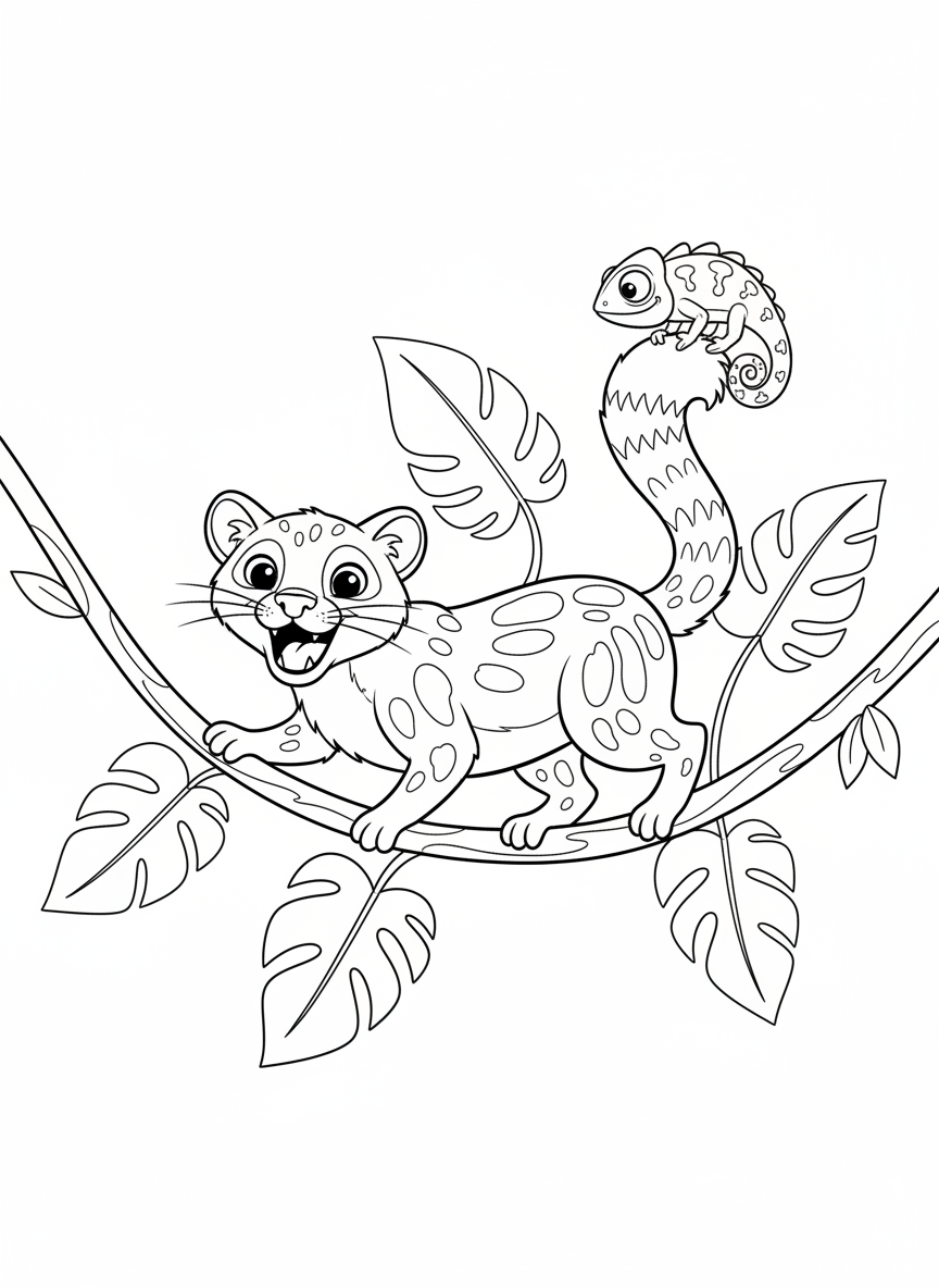 Playful Fossa & Chameleon Coloring Page