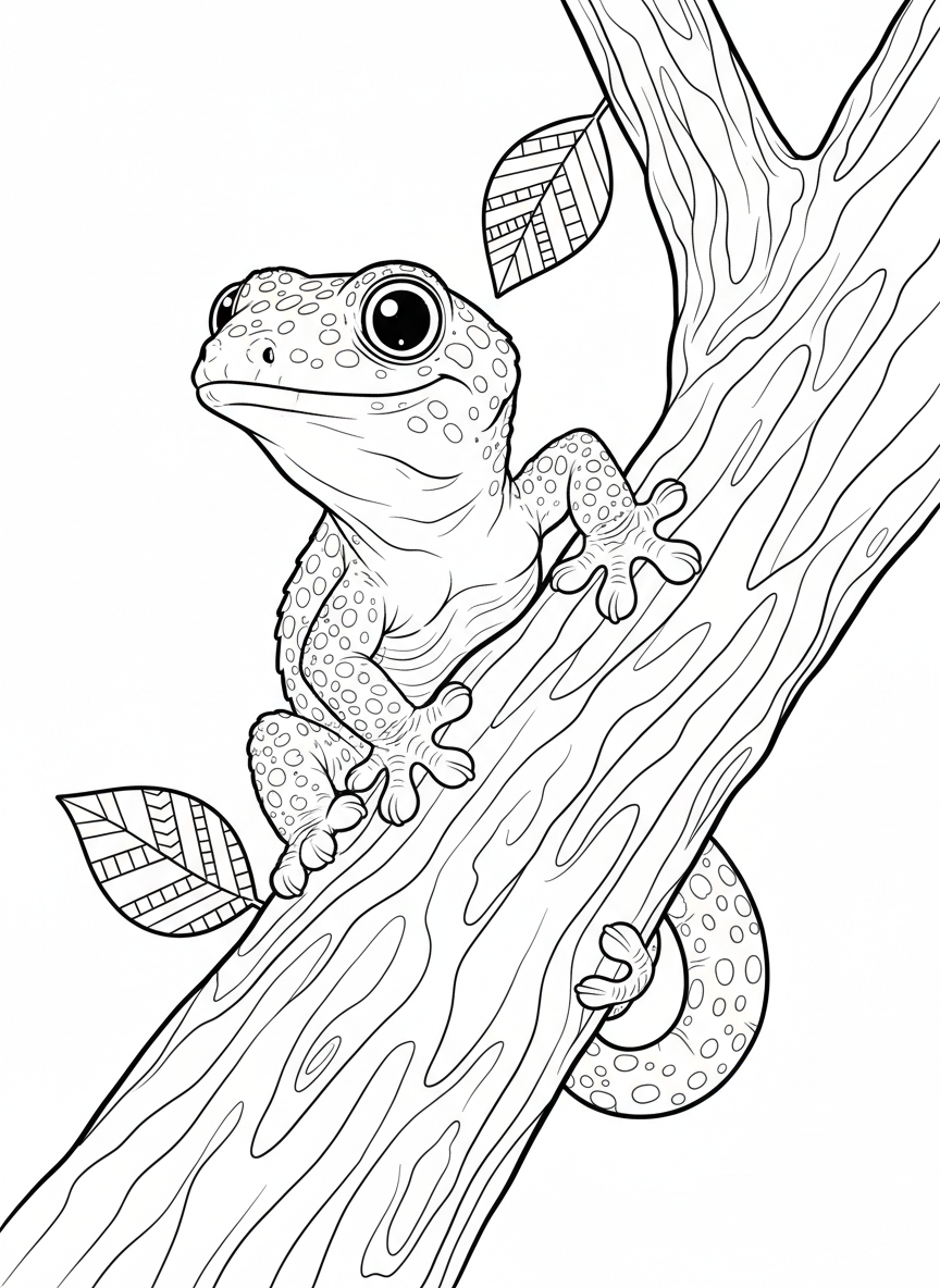Playful Gecko on Tree Branch Coloring Page