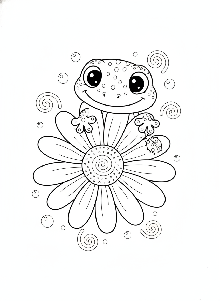 Playful Gecko Peeking from Daisy Flower Coloring Page