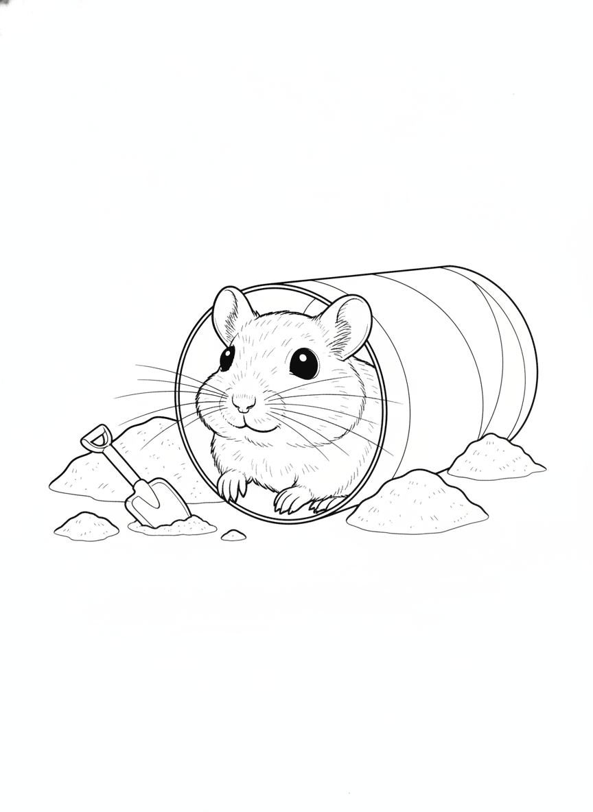 Playful Gerbil in a Tunnel Coloring Page for Kids
