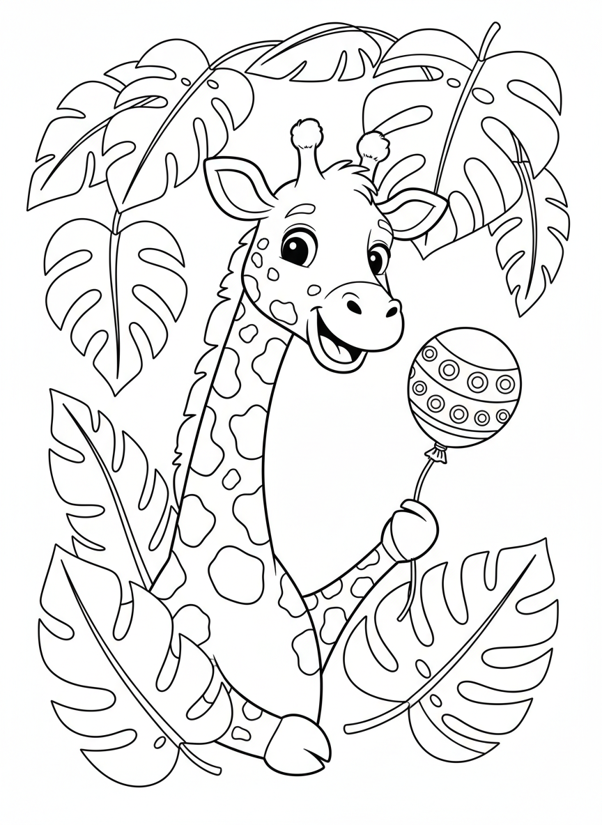 Playful Giraffe with Balloon Kids Coloring Page