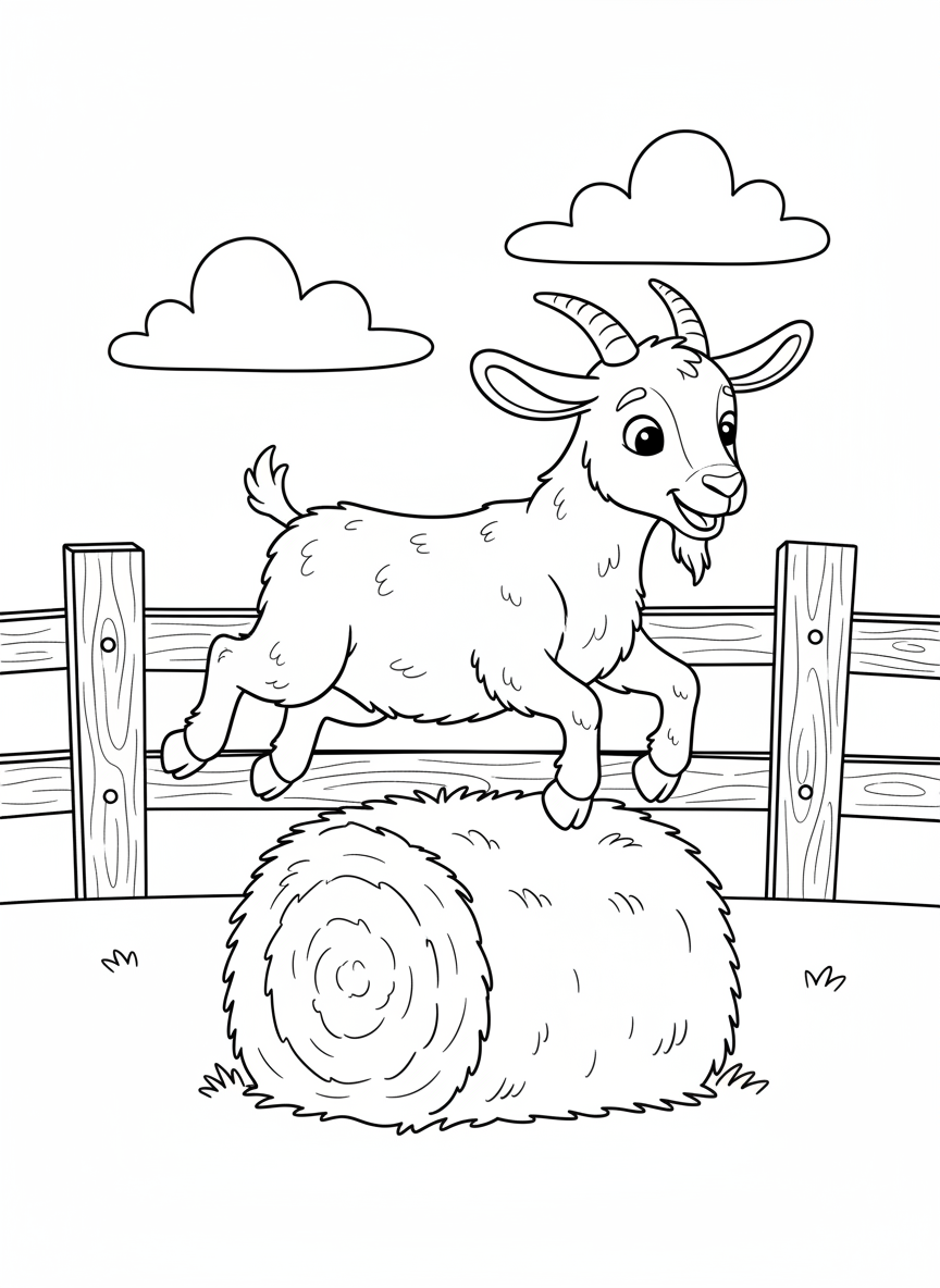 Playful Goat Jumping Over Hay Bale Coloring Page