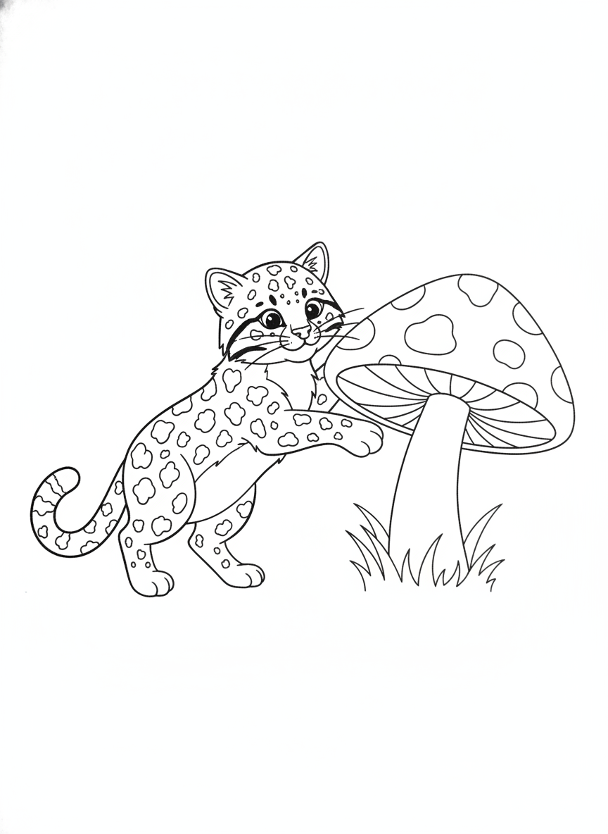 Playful Leopard Cat and Mushroom Coloring Page for Kids