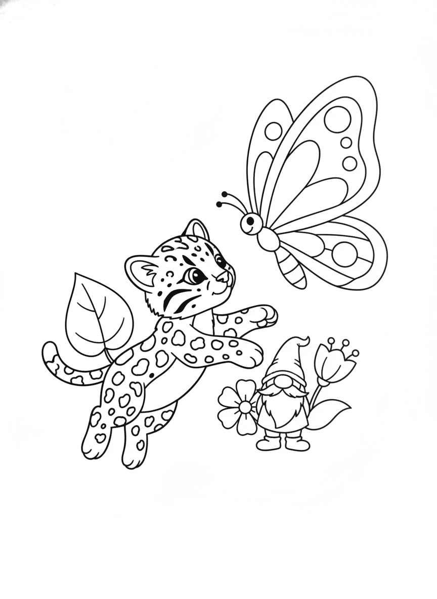 Playful Leopard Cat Cub and Butterfly Coloring Page for Kids