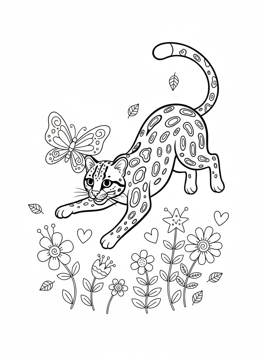Playful Ocelot Chasing Butterfly Coloring Page