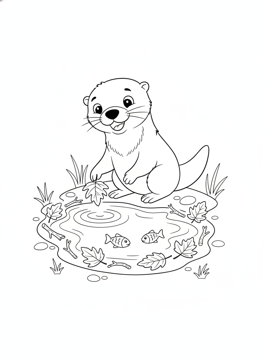 Playful Otter Decorating a Puddle: A Fun Coloring Page for Kids