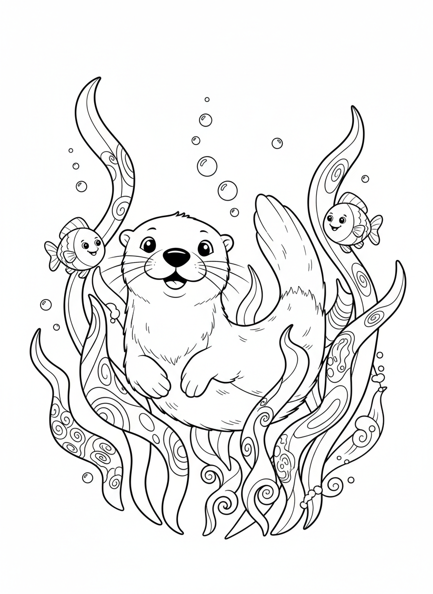 Playful Otter in Kelp Forest Coloring Page