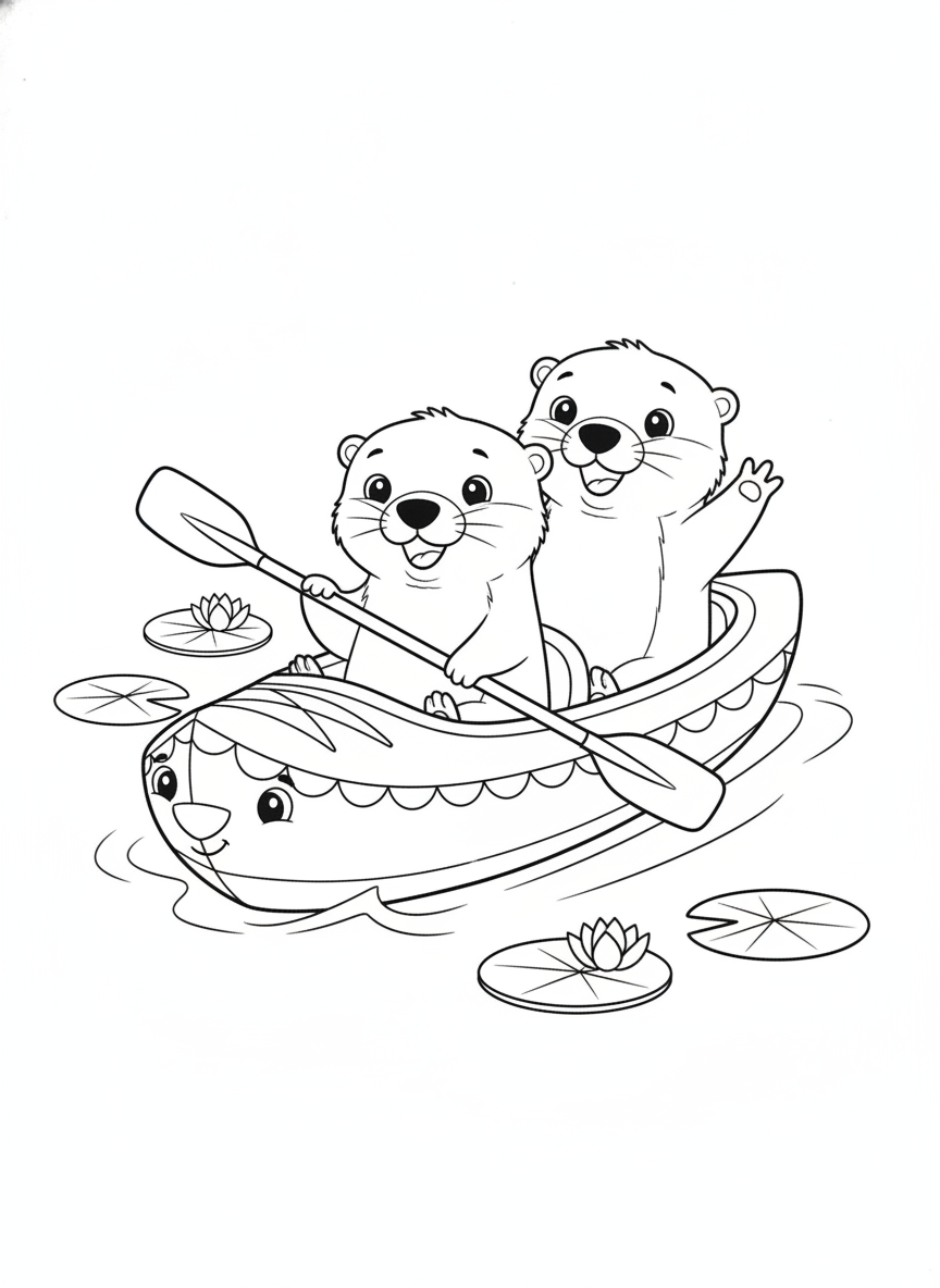 Playful Otters Kayaking Adventure Coloring Page