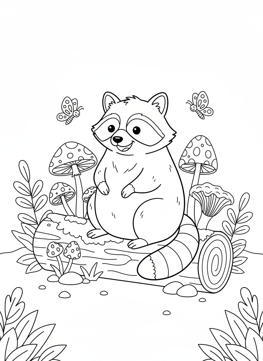 森林中俏皮浣熊著色頁