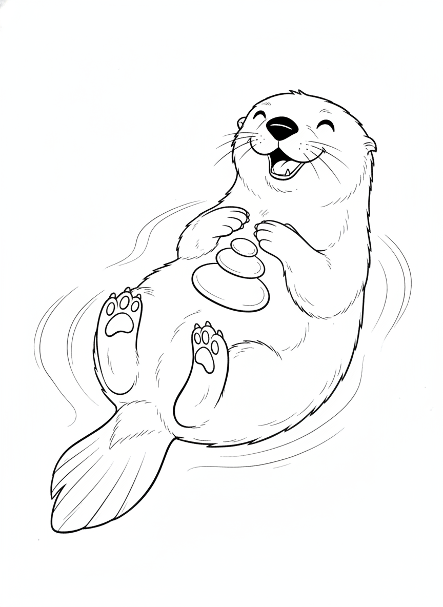 Playful Sea Otter Balancing Stones Coloring Page for Kids