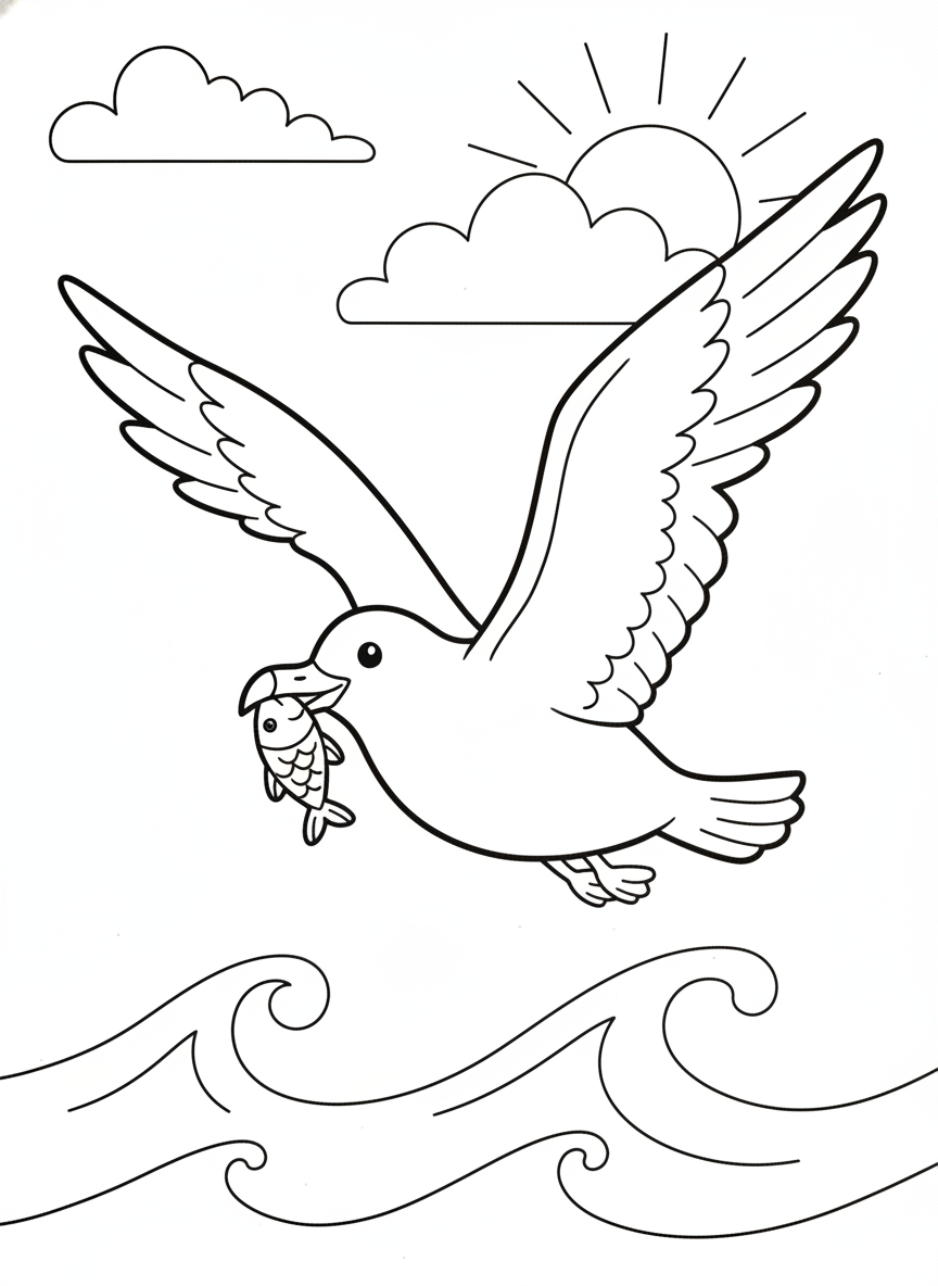 Playful Seagull in Flight with Fish - Kids Ocean Coloring Page