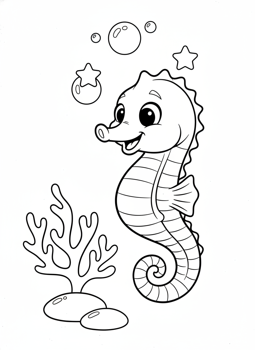 Playful Seahorse Juggling Bubbles Coloring Page