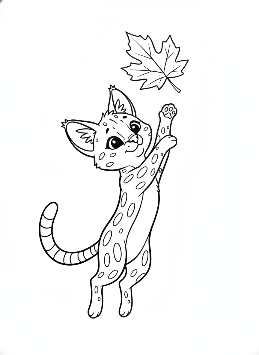 Playful Serval & Autumn Leaf Coloring Page for Kids
