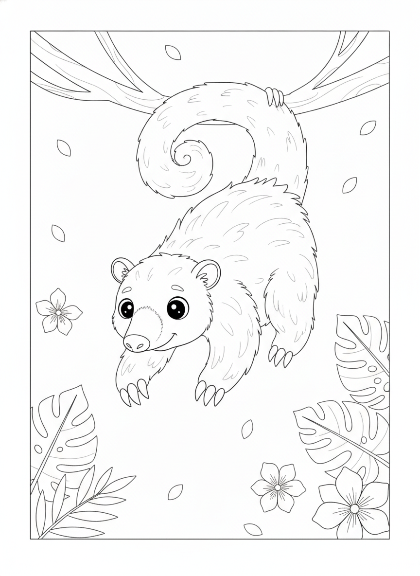 Playful Silky Anteater on a Jungle Vine Coloring Page