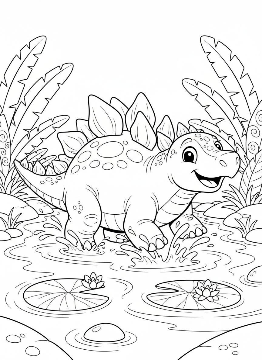 Playful Stegosaurus River Fun Coloring Page