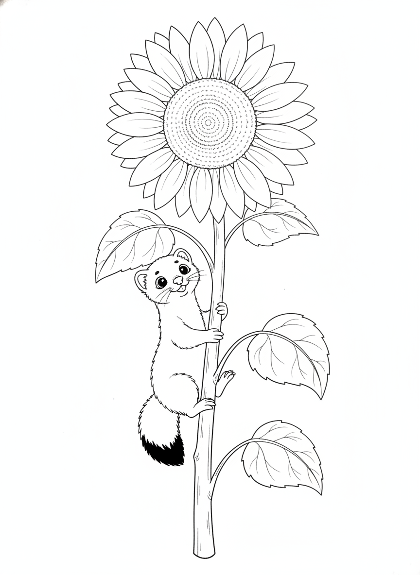 Playful Stoat Climbing Sunflower Kids Coloring Page