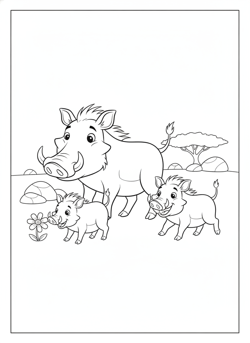 Playful Warthog Family Adventure: A Savanna Coloring Page for Kids