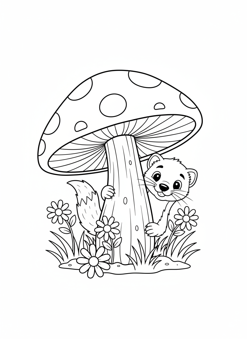 Playful Weasel & Mushroom Coloring Page