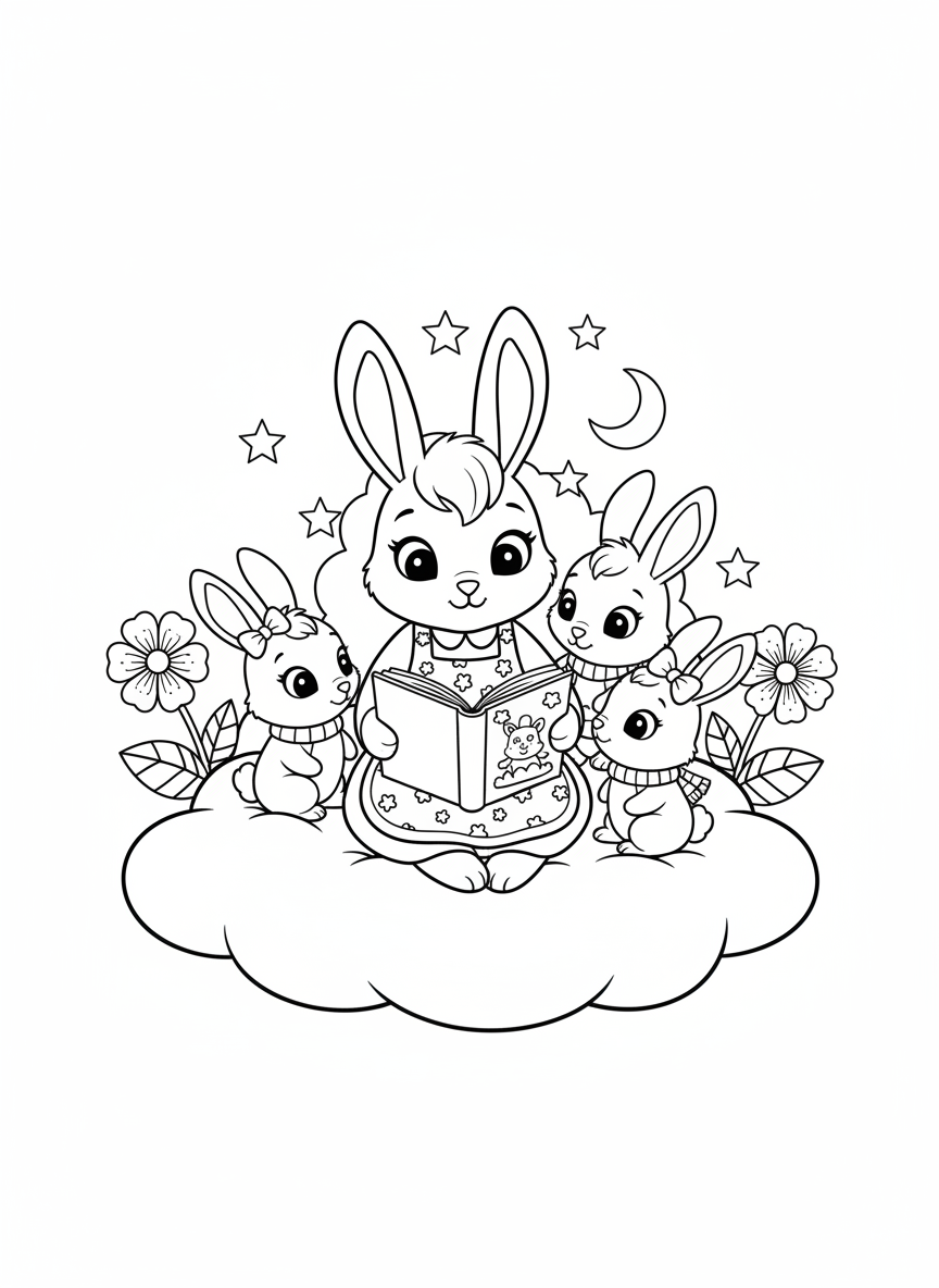 Rabbit Family Story Time Coloring Page
