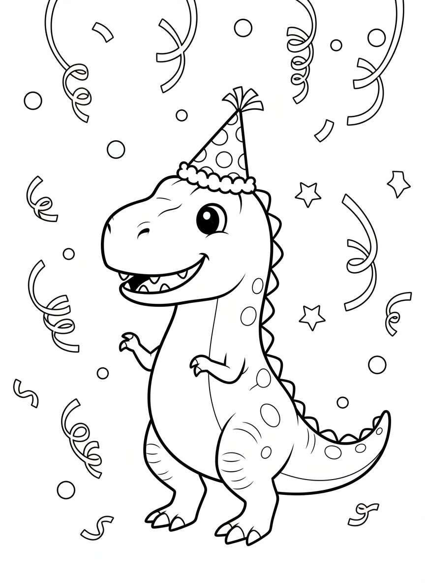 Roaring Fun: Cute T-Rex Party Time Coloring Page for Kids