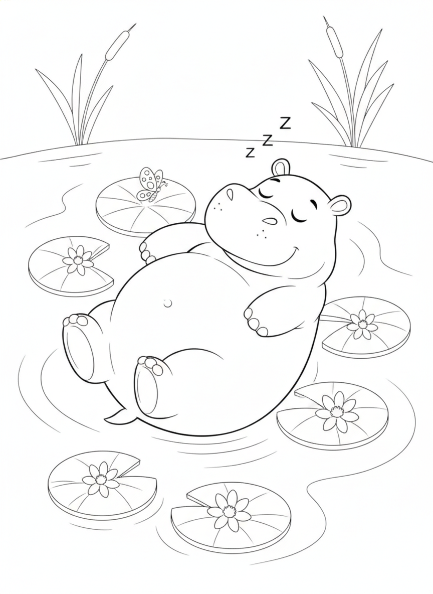 Serene Sleeping Hippo on a Lily Pad Pond Coloring Page
