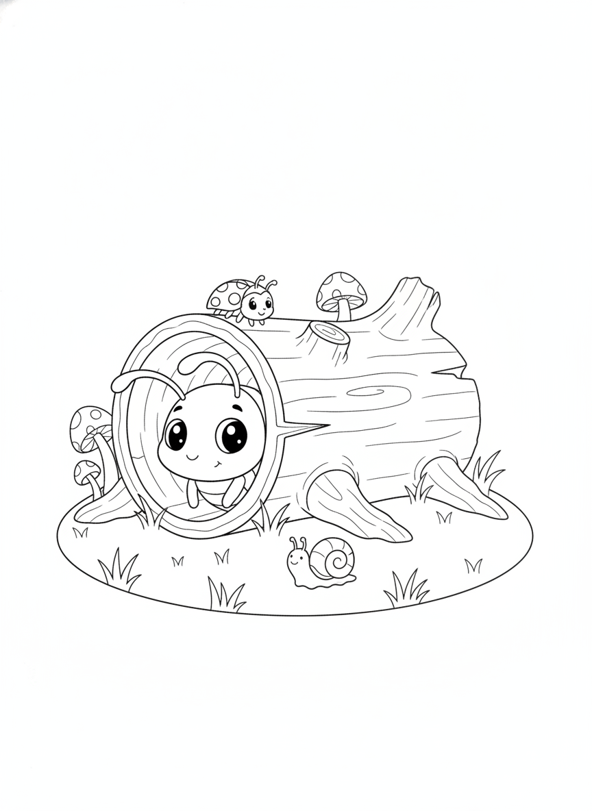 Shy Earwig in a Log with Ladybug and Snail Coloring Page