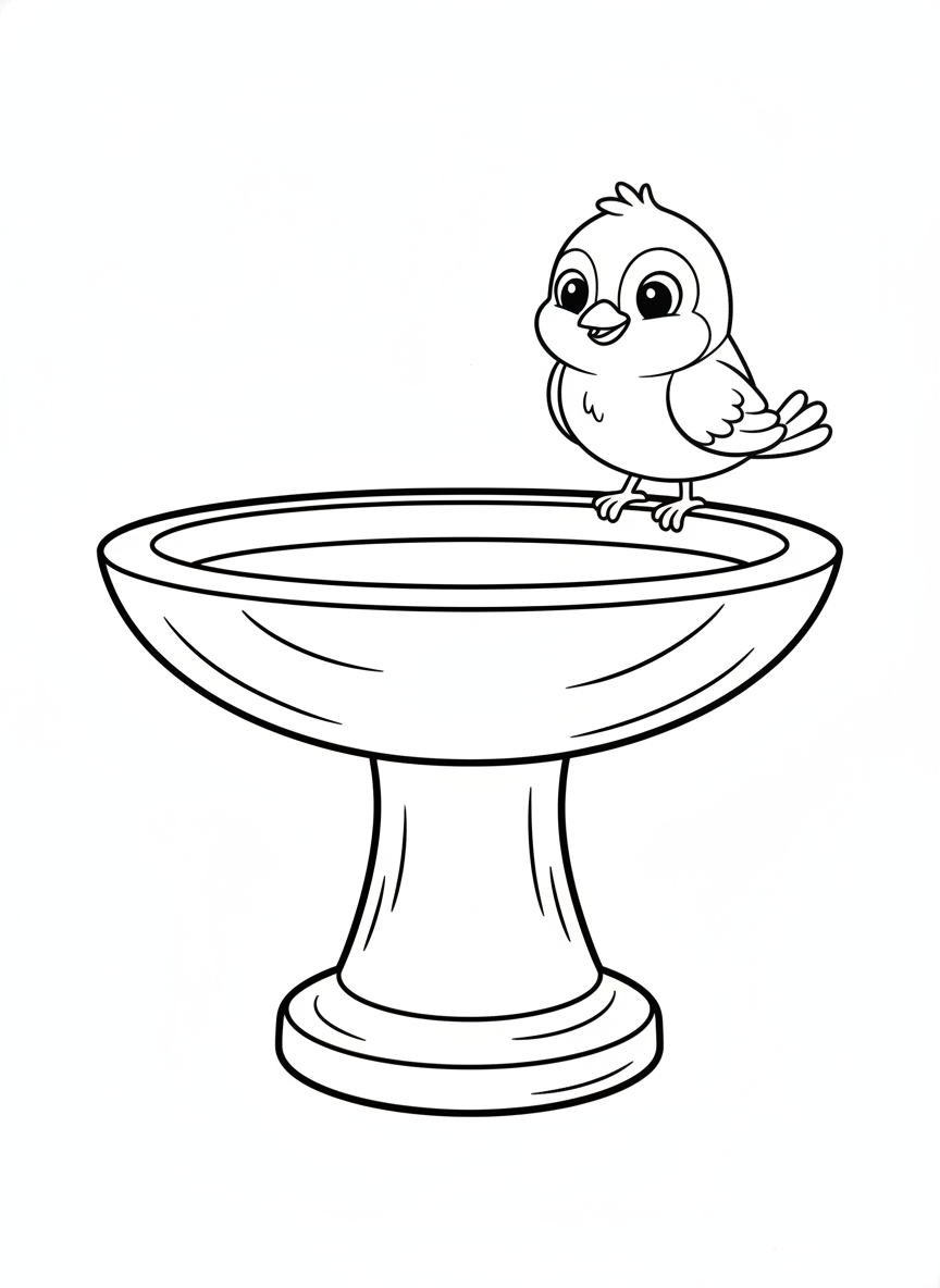 Simple Bird Bath Coloring Page for Kids with a Happy Cartoon Bird