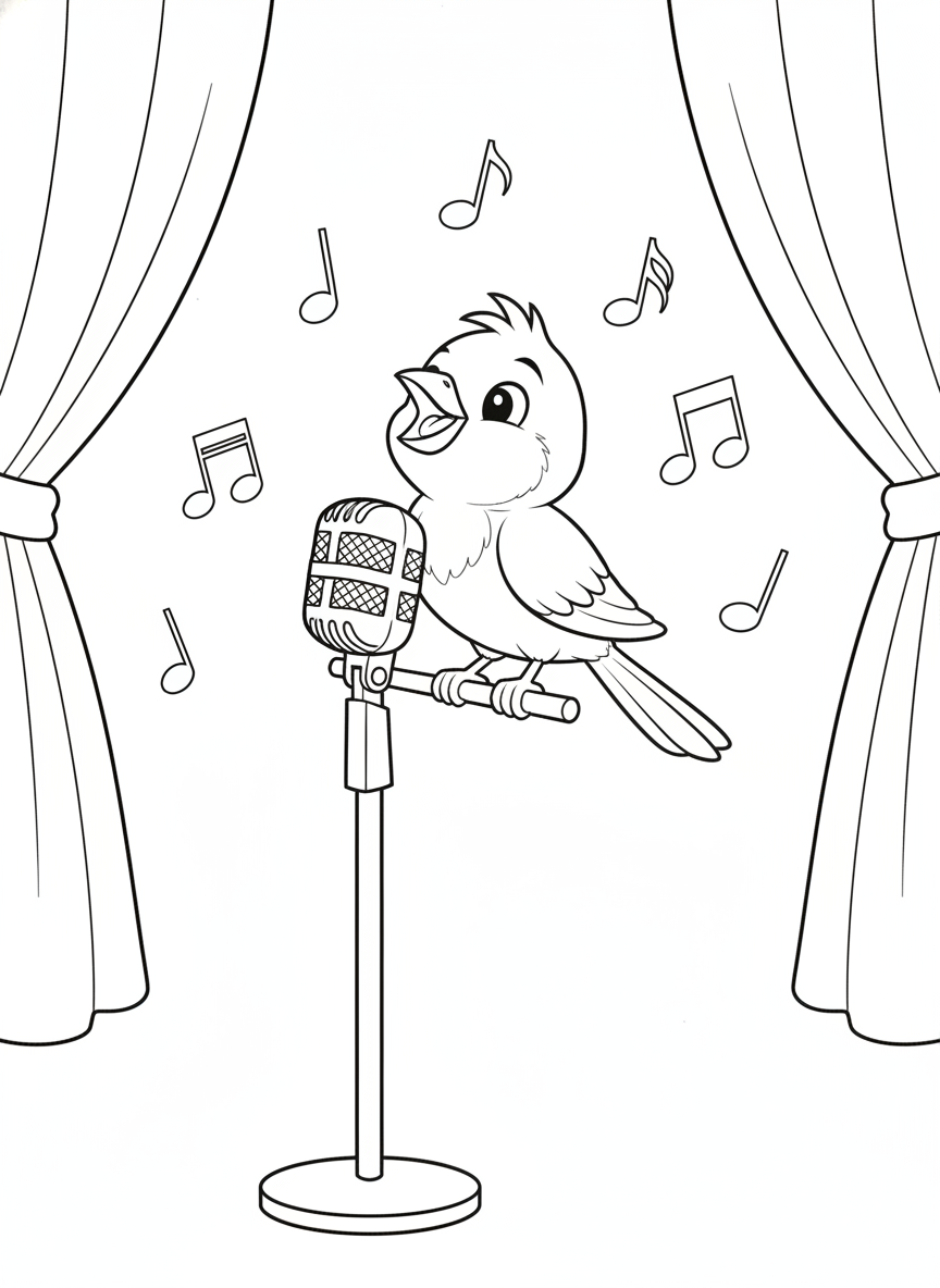 Singing Canary Star: A Fun Retro Music Coloring Page for Kids