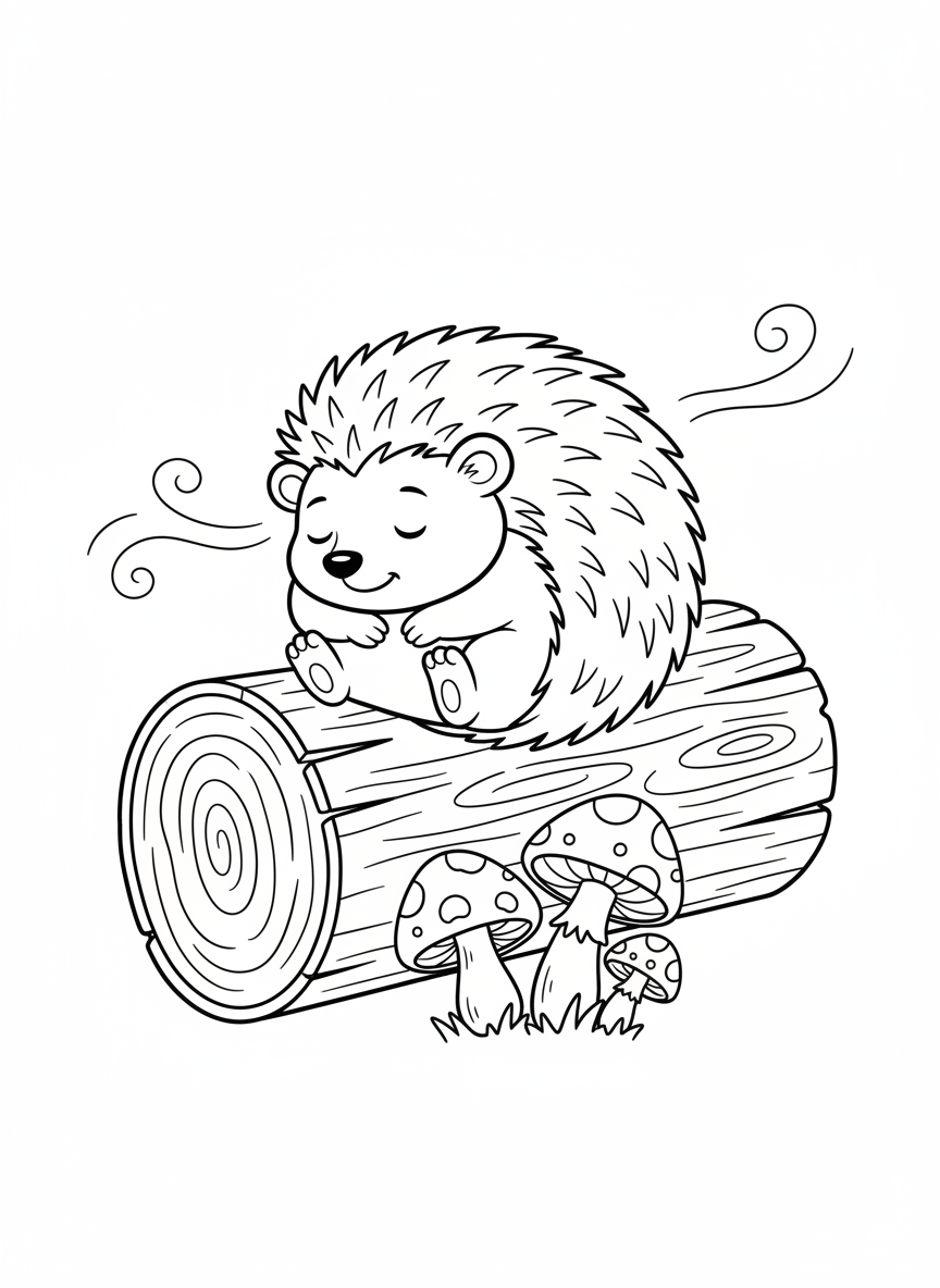 Sleeping Hedgehog in Cozy Log - Coloring Page