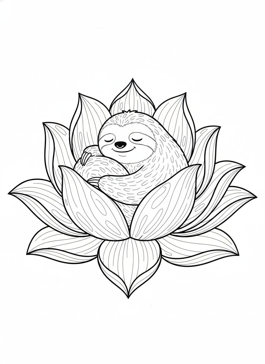 Sleeping Sloth in a Giant Flower Coloring Page