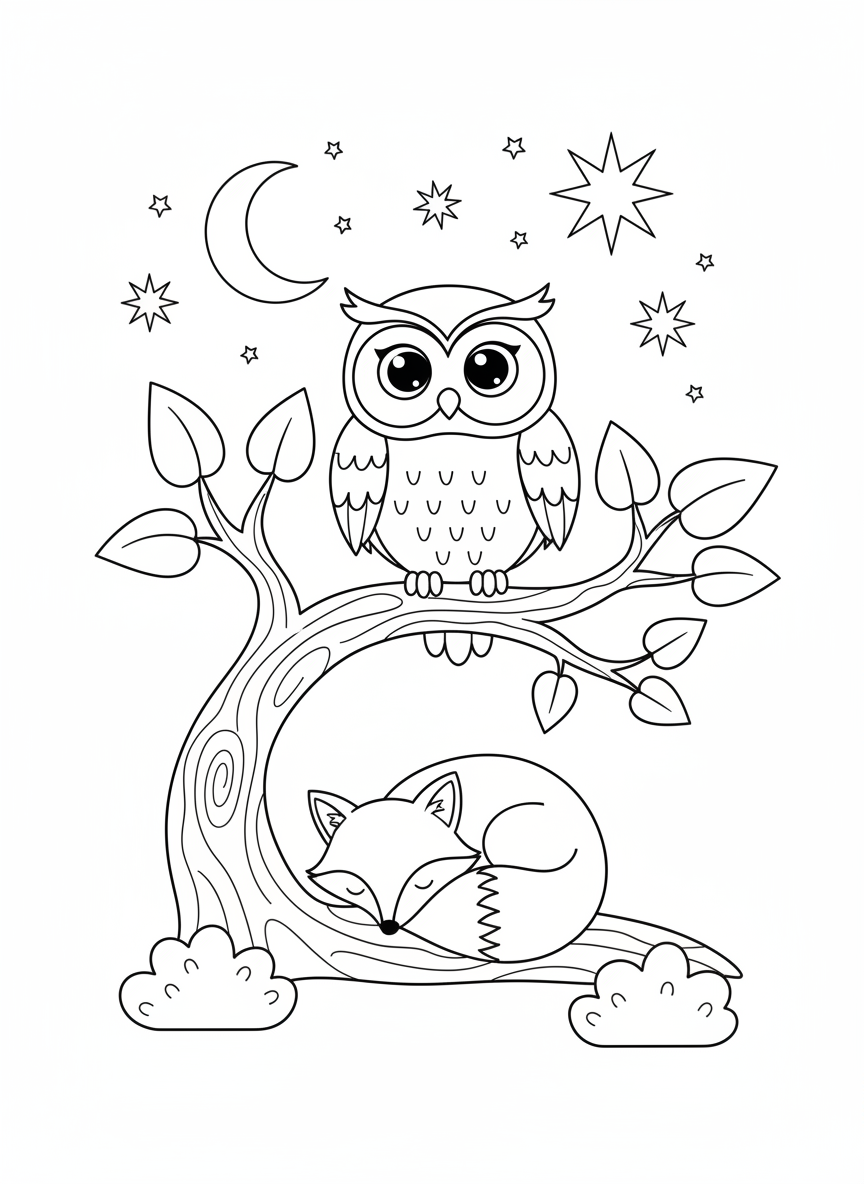 Sleepy Fox & Wise Owl Coloring Page