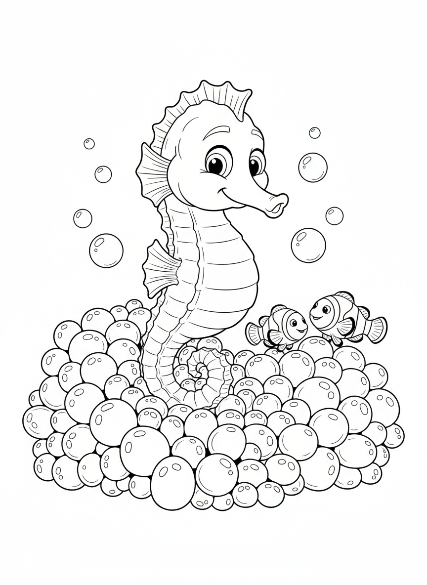 Smiling Seahorse & Clownfish Coloring Page