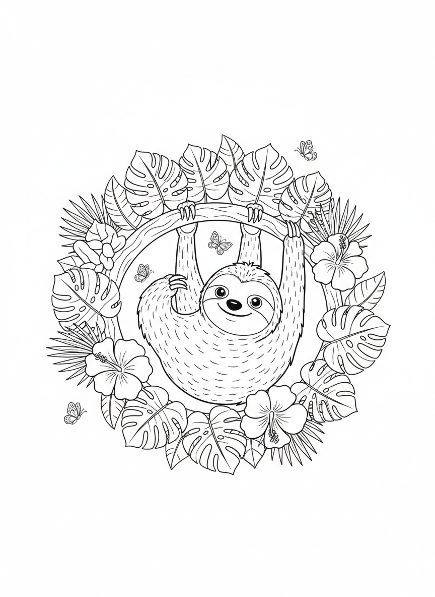 Smiling Sloth in Tropical Wreath Coloring Page