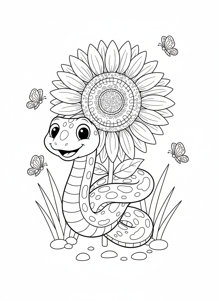 Smiling Snake & Sunflower Coloring Page