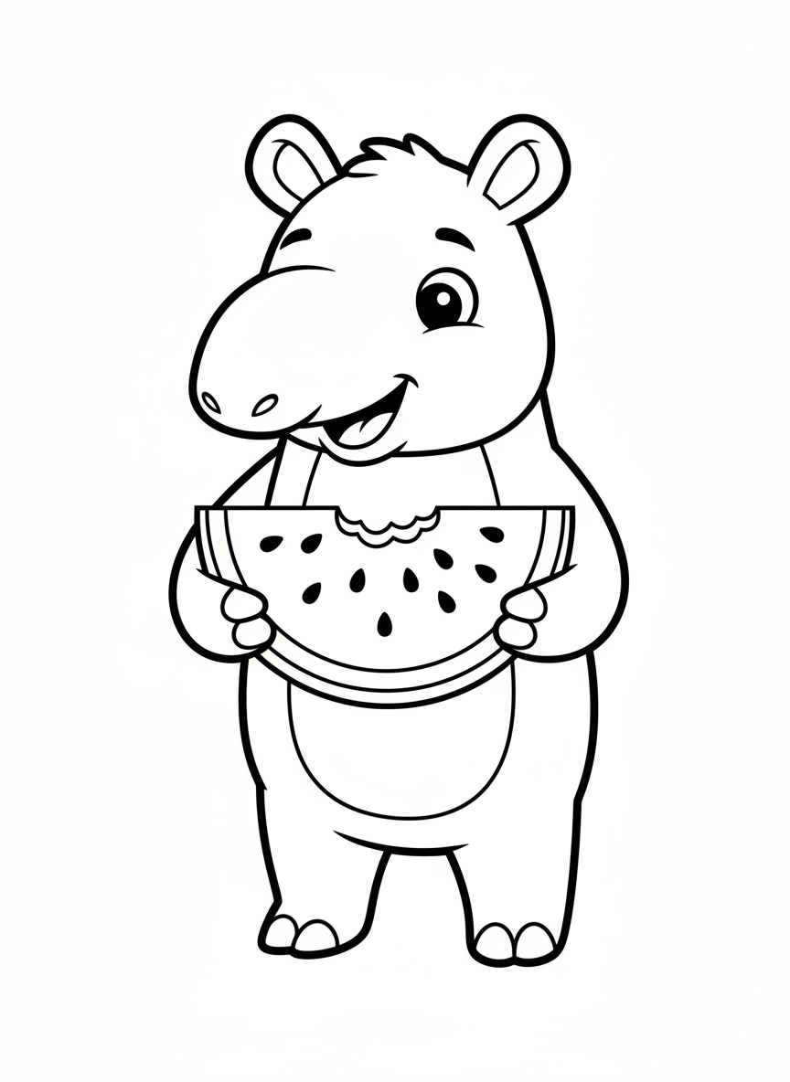 Smiling Tapir with Watermelon Slice Coloring Page