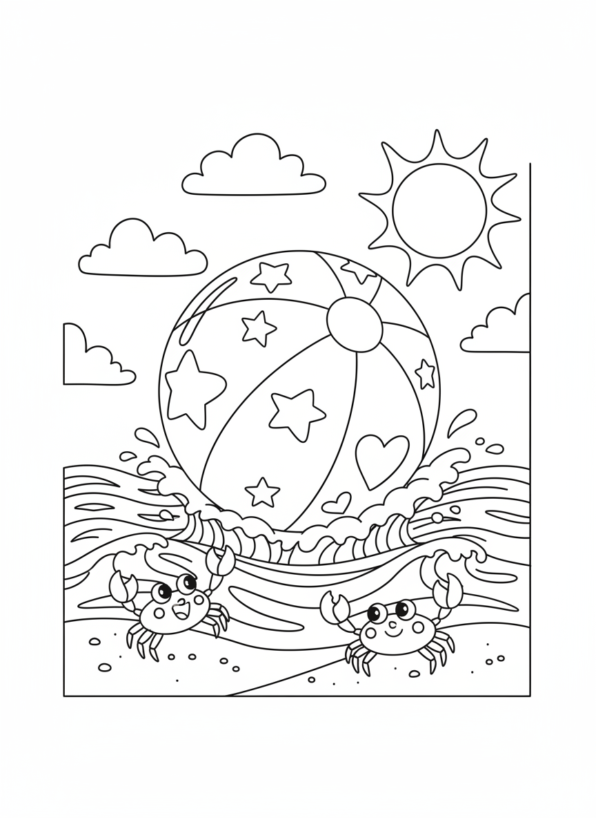 Sparkling Beach Ball & Crabs Coloring Page
