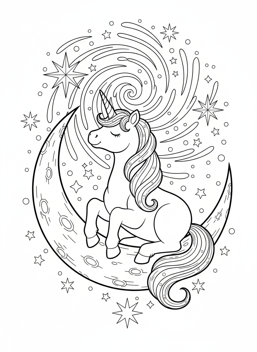 Star-Gazing Unicorn on Crescent Moon