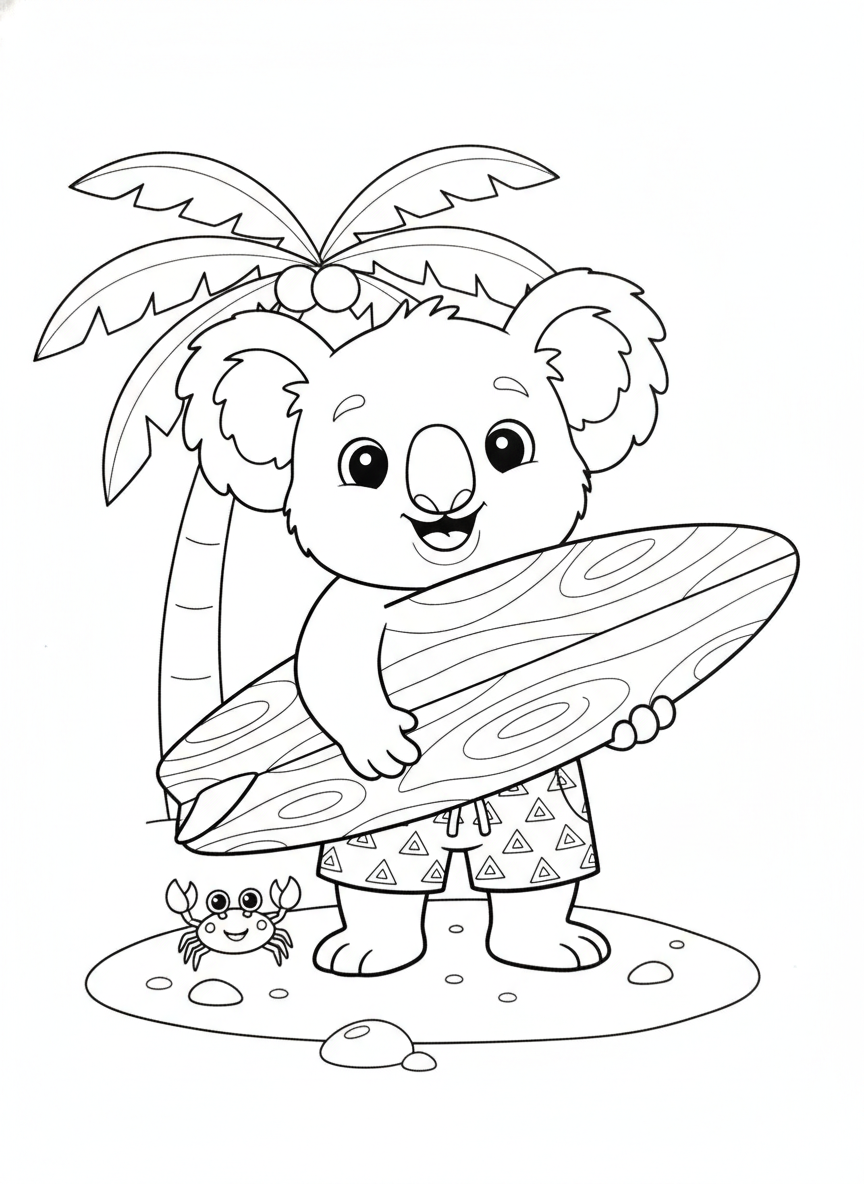 Surfing Koala Beach Adventure Coloring Page for Kids