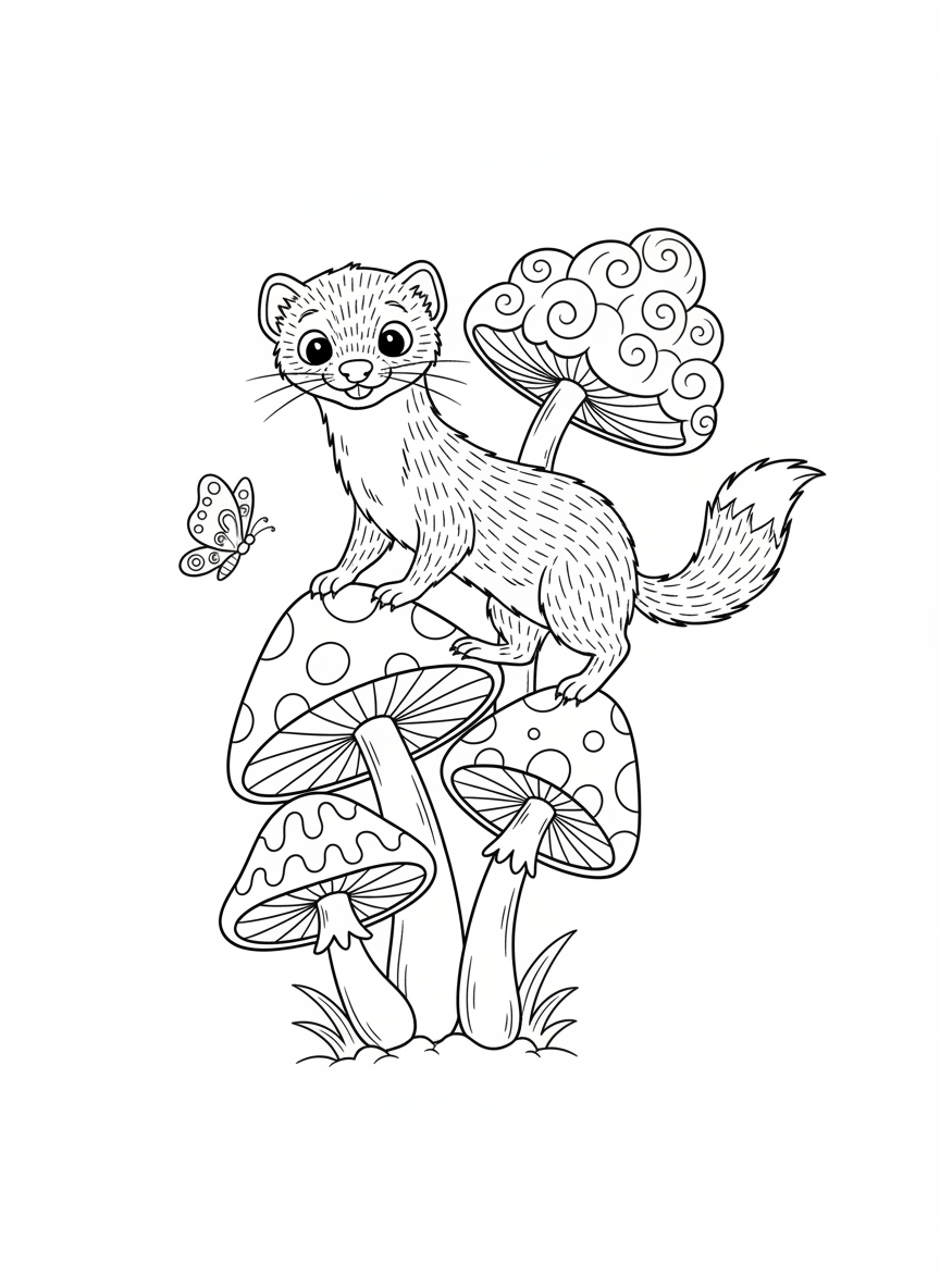 Weasel on Mushroom Stack Coloring Page