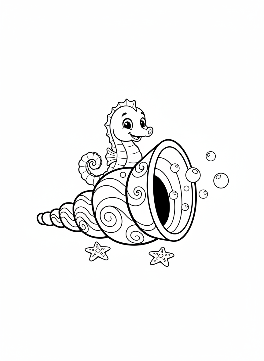 Whimsical Conch Shell Trumpet & Seahorse