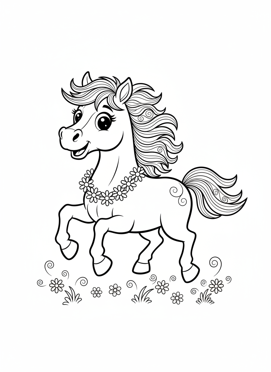 Whimsical Galloping Horse with Flower Wreath Coloring Page for Kids