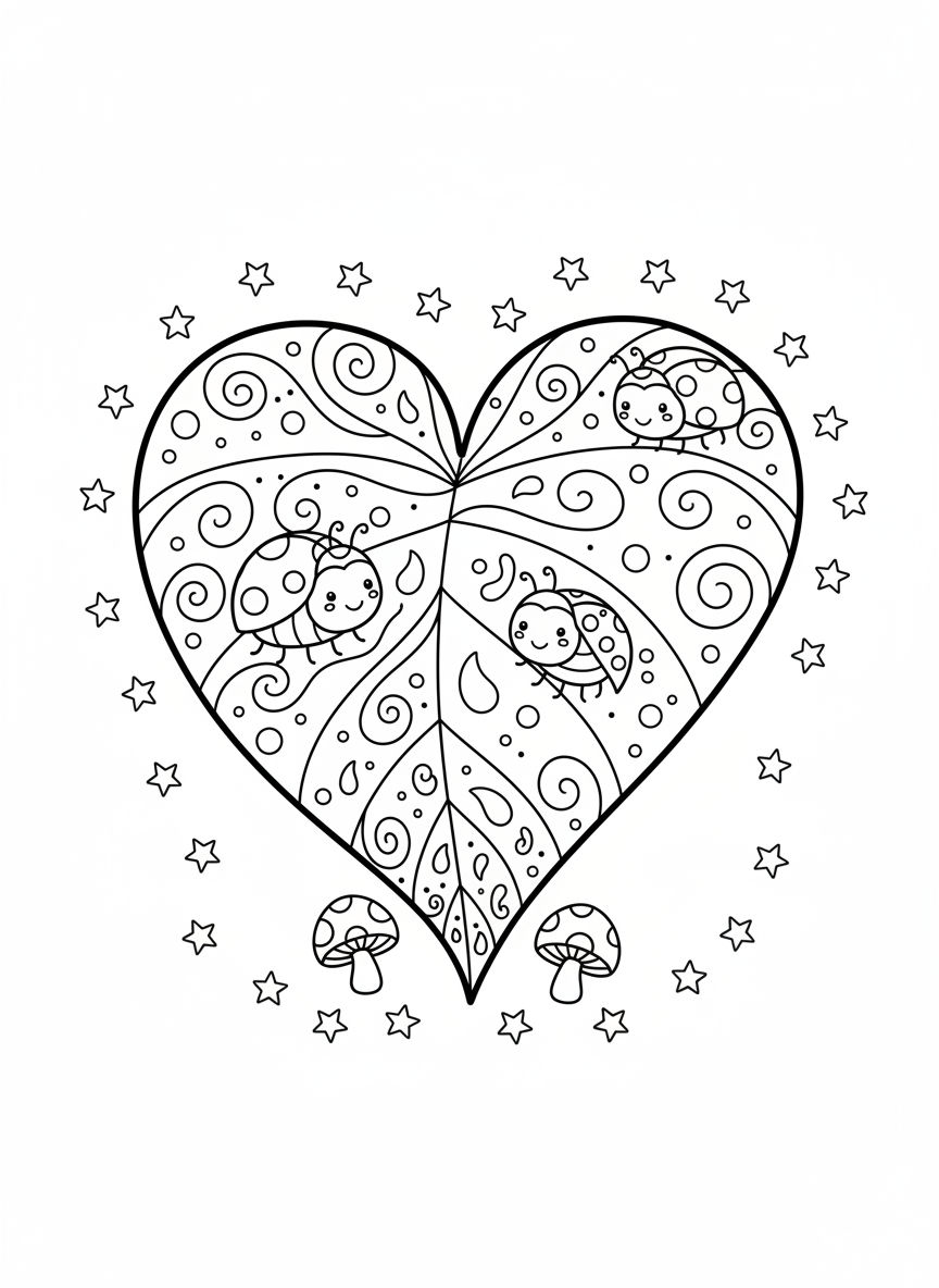 Whimsical Heart Leaf & Ladybugs Coloring Page