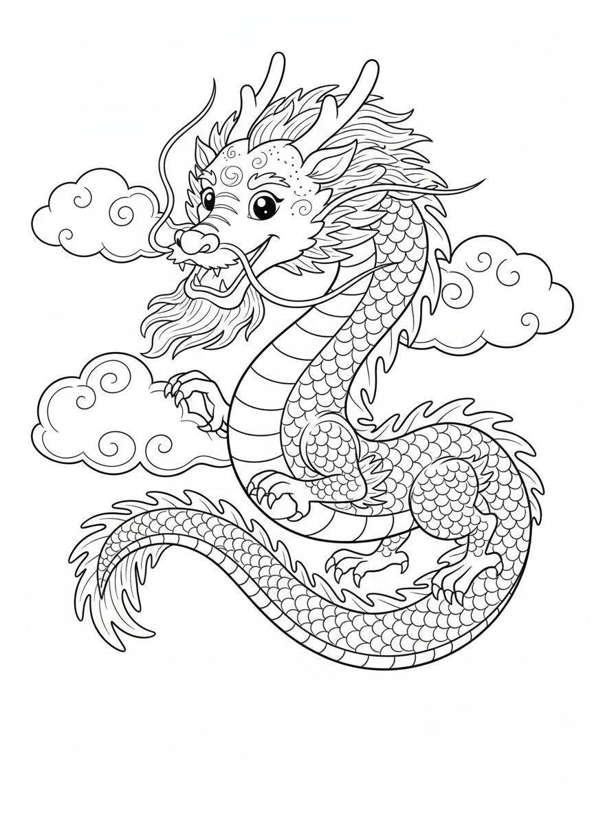 Whimsical Oriental Dragon Kids Coloring Page