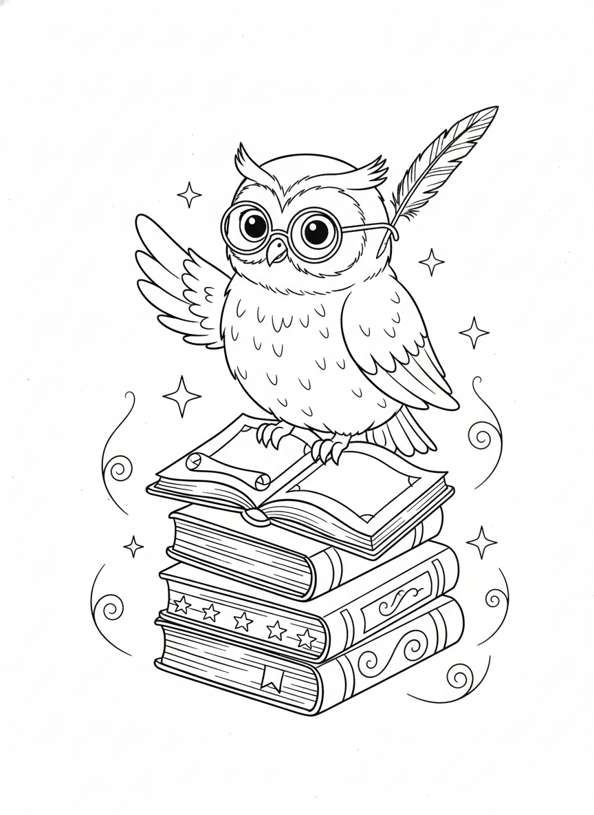 Whimsical Owl Librarian Coloring Page