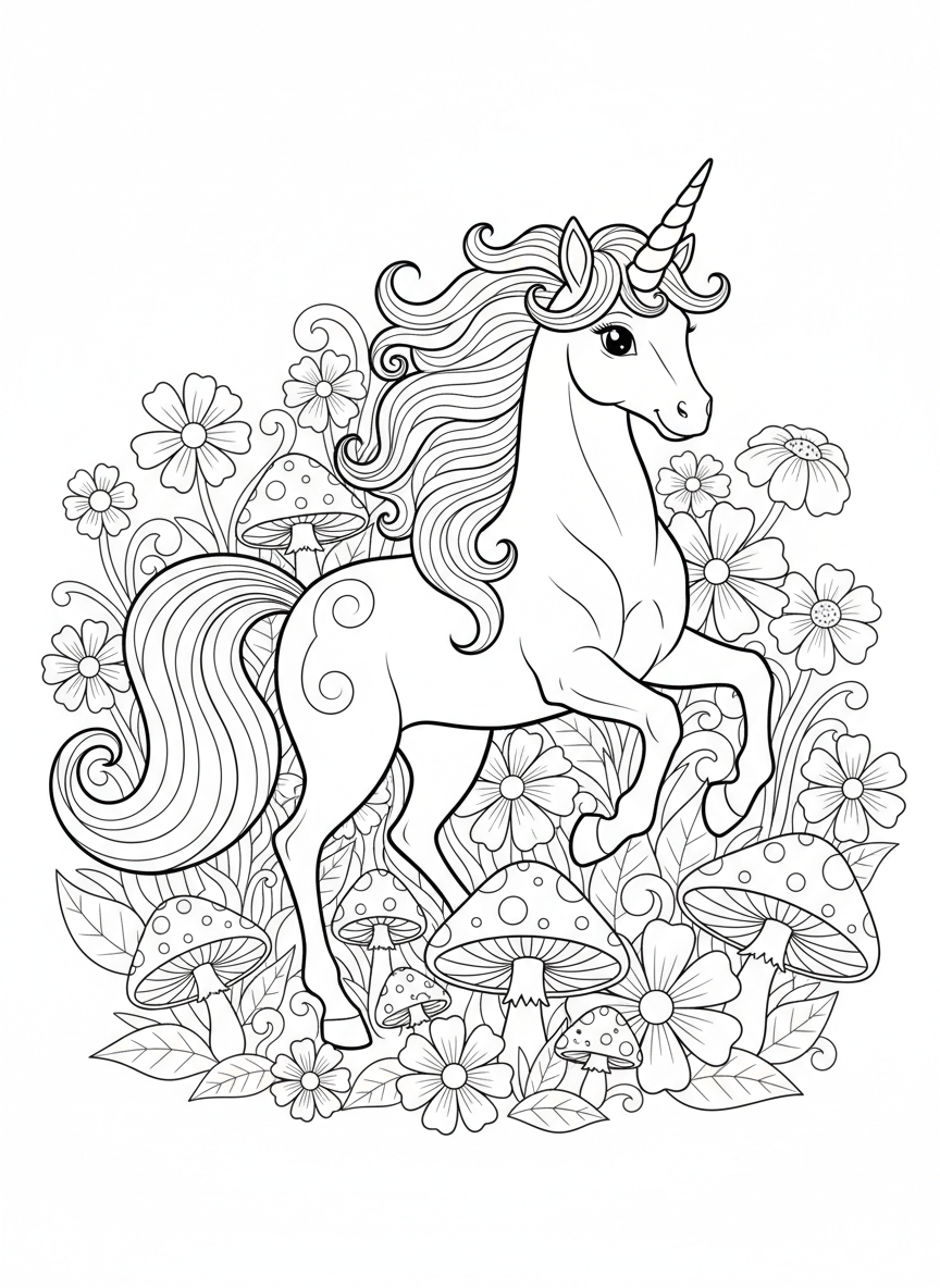 Whimsical Rainbow Unicorn Coloring Page for Kids