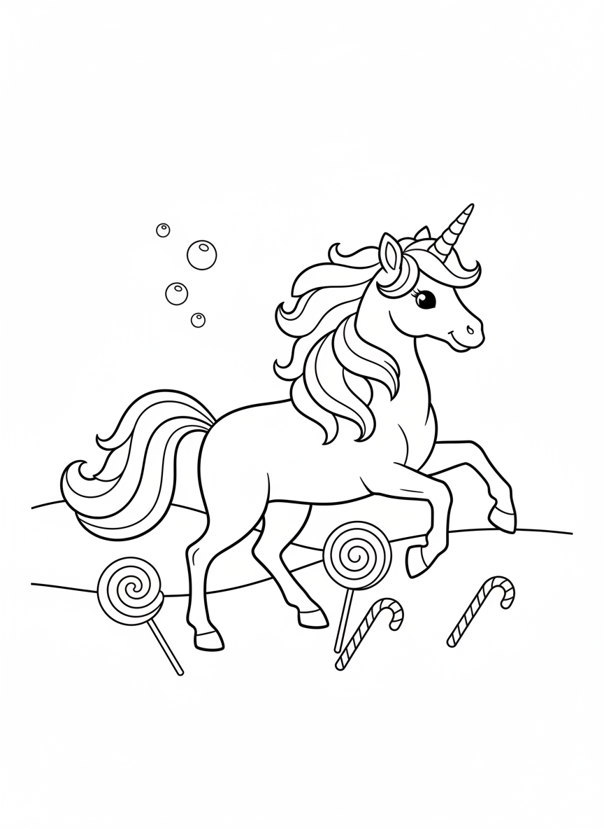 Whimsical Unicorn Candy Field Coloring Page