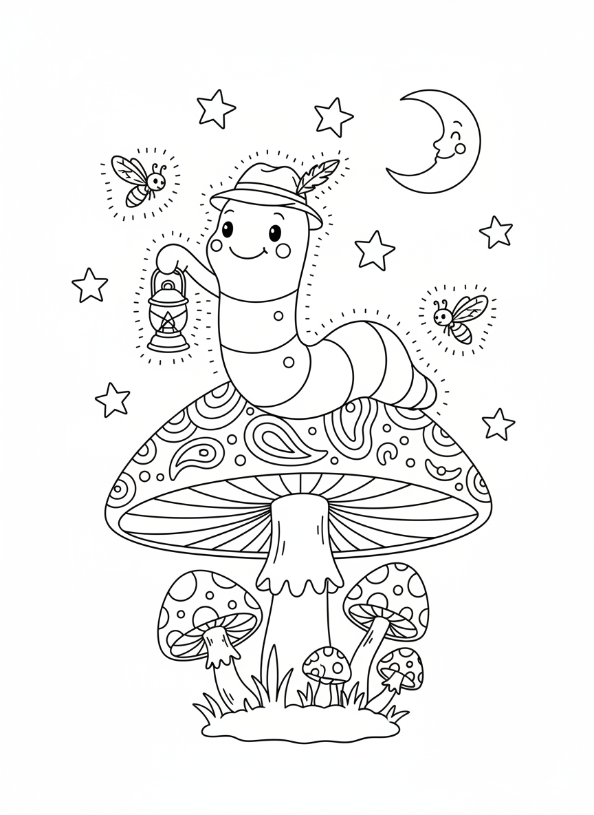 Whimsical Worm on Mushroom Coloring Page
