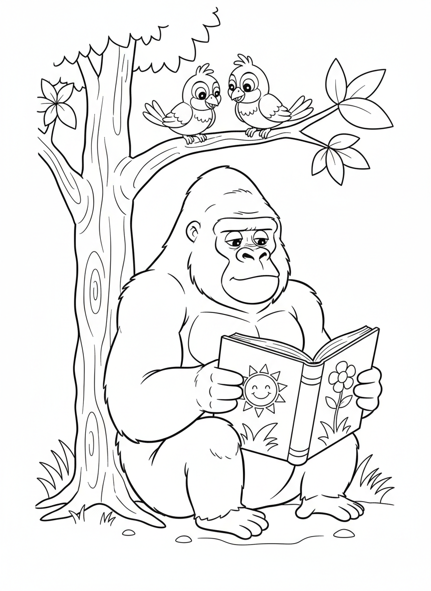 Wise Gorilla Reading Story Coloring Page